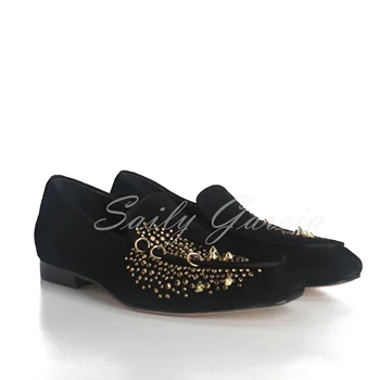 Metal Dekorasyon Çiviler Spike Erkek Ayakkabı Siyah Glitter loafer ayakkabılar Erkekler El Yapımı Pist Parlayan Perçinler Parti Düğün Ayakkabı