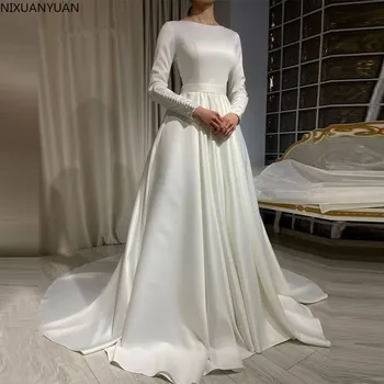 Uzun Kollu Saten Custom Made Kadın Zarif Beyaz Gelinlik 2023 gelinlikler Vestidos De Novia