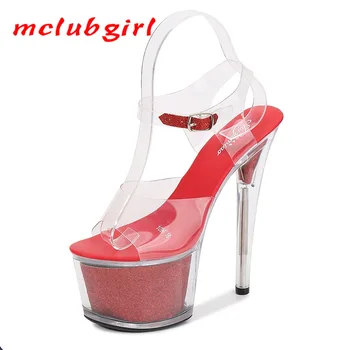 Mclubgirl 2020 Yeni Gece Kulübü Araba Süper Yüksek Topuklu 17 Santimetre Stiletto platform sandaletler Şeffaf Kristal Ayakkabı LFD