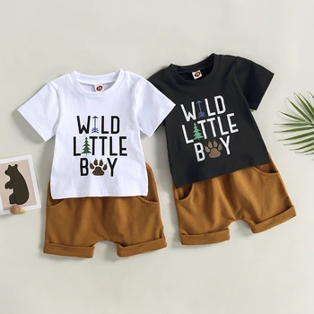 2023-04-03 Lioraitiin 0-3Years Yürümeye Başlayan Çocuk 2 Adet Yaz Kıyafet Setleri Kısa Kollu Mektup Baskı T-shirt Katı İpli Şort