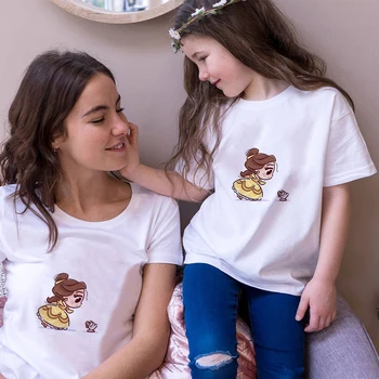 Kadın T shirt Sevimli Belle Prenses Güzellik ve Beast Baskı Kısa Kollu Gevşek Rahat Çocuk T-shirt Anne ve Ben Üst Aile Bak