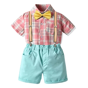 Çocuk Erkek Giysileri Yürümeye Başlayan Çocuk Ekose Gömlek Takım Elbise Üst Şort Çocuk Tatil Giysileri Parti Kıyafetleri Seti Turuncu