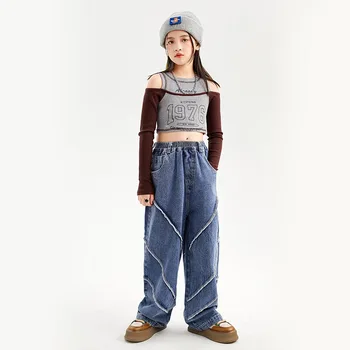 Çocuk Erkek Kız Streetwear Moda Hip Hop Gevşek Rahat Kot Kot Pantolon Çocuk Geniş Bacak Pantolon Caz Sahne Dans Elbise