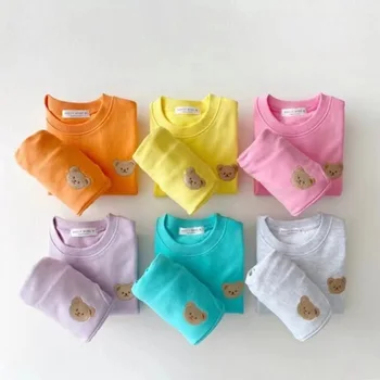 Toddler Kız Giysileri Yeni Sonbahar Şeker Renk Uzun Kollu Ayı Kazak + Pantolon Bebek İki Parçalı Takım Elbise Pamuk Çocuk Çocuk Kıyafet