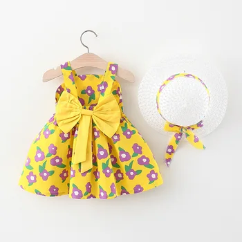 Elbise + Şapka 2 parça kız çocuk yaz Seti Bebek Kostüm Büyük Yay Çiçek Etek 2023 Yeni Çocuk Giyim Elbiseler Rahat Güzel Çocuklar Etek