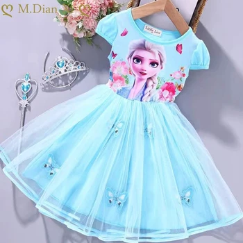 Yaz Dondurulmuş Elsa Elbise Parti Doğum Günü Küçük Kızlar Kostüm Vestidos Sevimli papyon Örgü Genç Kız Elbise Çocuk Kızlar için Elbiseler