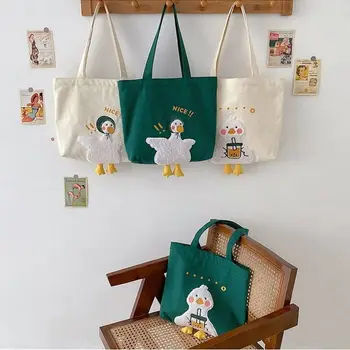 Benzersiz Tasarım Sevimli Ördek Tote Çanta Çevre Dostu alışveriş çantası Karikatür Hayvan Omuz keten çantalar Kadınlar Kızlar için