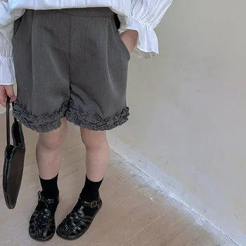 Gri Fırfır Şort Kız Çocuk Giyim Yaz 2023 Düz Renk Kısa Pantalones Çocuk Kore Moda rahat pantolon Dip