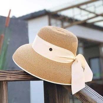 2023 hood Hepburn rüzgar büyük ağız hasır şapka kadın yaz güneş koruyucu havza şapka Fransız plaj tatil güneşlik şapka