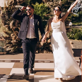 Sivil düğün elbisesi Kadınlar için 2023 Gelin İnci Sevgiliye Uzun gelinlik Bir Çizgi Saten Backless Kolsuz Basit Gelin Elbise