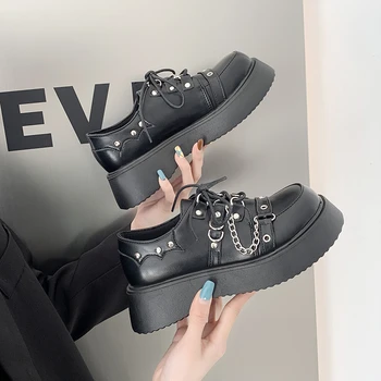 Kalın Tabanlı Mary Jane deri ayakkabı 2022 Bahar İngiliz Moda Yuvarlak Kafa Tek ayakkabı Siyah ayakkabı Zapatos De Mujer