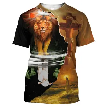 Yaz erkek 3d baskılı tişört Tanrı Din Mesih İsa Ve Aslan O Boyun Kısa Kollu Sokak Gevşek Nefes Büyük Boy Üst