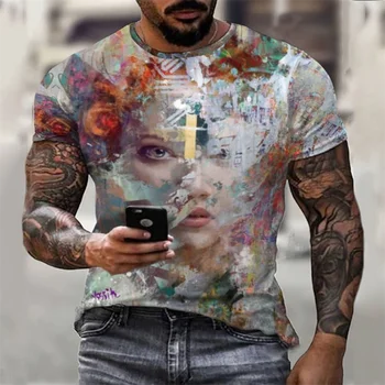 Popüler 3D Baskı erkek tişört Yağlıboya Güzellik Desen Yaz Moda O-Boyun T-Shirt Streetwear Harajuku Büyük Boy Tees
