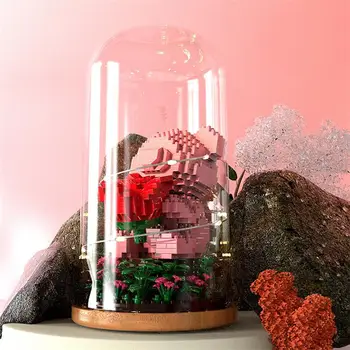 DIY mikro gül ayı yapı taşları oyuncak cam kubbe çiçekler ışık romantik dönebilen inşaat tuğla dekorasyon kız için