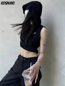 Yaz Y2k Estetik Hoody Backless Tank Top Kadınlar Kolsuz Streetwear Halter Tankları Katı Punk Gotik Streetwear Kırpılmış Üstleri