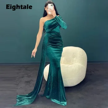Eightale Örgün Durum Abiye Arapça Bir Omuz Uzun Kollu Balo elbisesi Kadife Mermaid Düğün Parti Elbise
