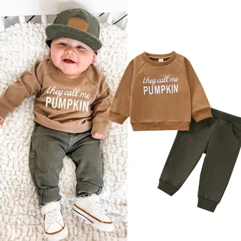 FOCUSNORM 0-24 M Sonbahar Bebek Erkek Giysileri Setleri 2 adet Kabak Mektup Uzun Kollu Kazak Tops + Katı Pantolon