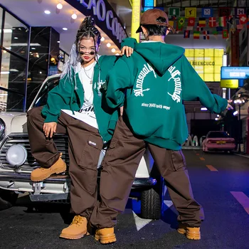 Çocuklar Genç Hip Hop Giyim Büyük Boy Yeşil Hoodie Ceket İpli Manşet Kargo Pantolon Kız Erkek Caz dans kostümü Elbise