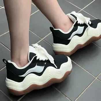 Platformu Lace Up Deri Çift gündelik ayakkabı Yükseltilmiş Tuval Dalga spor ayakkabı Eğlence Zapatos Mujer Chaussure Femme