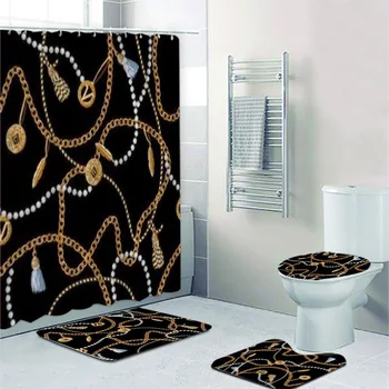 Lüks Siyah ve Altın Zincirler Sikke Banyo Perdesi Duş perde seti Moda Soyut Barok Banyo Paspasları Tuvalet Aksesuarları Dekor