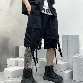 Şeritler Hip Hop Kargo Şort Yaz erkek Techwear Rahat Şort Harajuku Goth Streetwear Kısa Homme