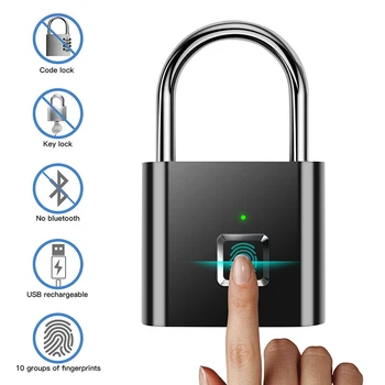 Siyah gümüş Anahtarsız USB Şarj edilebilir Kapı kilidi Parmak İzi Akıllı Asma Kilit Hızlı Kilidini Çinko alaşım Metal Kendini Geliştirme Çip