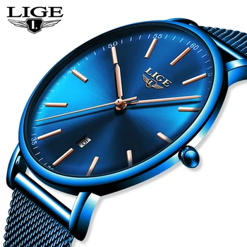 LIGE Mens Saatler Üst Marka Lüks Su Geçirmez Ultra Ince Saat Mavi Örgü Kemer Moda günlük kuvars saat erkek spor kol saati