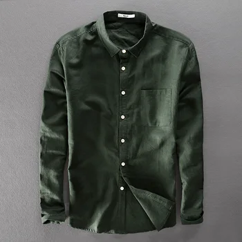 Italya tarzı marka benzersiz tasarım ordu yeşil gömlek erkekler pamuk ve keten gömlek erkekler için uzun kollu üst giyim camisas chemise