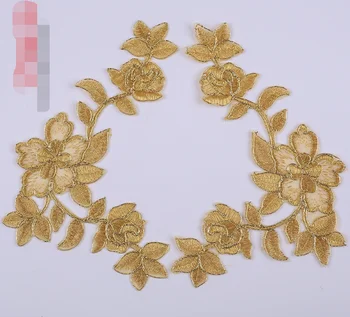2 adet El Sanatları Altın Örgü aplike düğün elbisesi nakış çıkartması yama macun DIY macun parçası