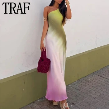 TRAF Batik Saten uzun elbise Kadın Asimetrik Backless Elbise Kadın Kapalı Omuz Midi Yaz Elbiseler Seksi Akşam Parti Elbiseler