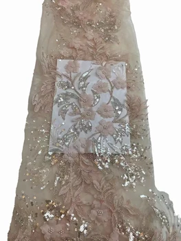 Yeni 3D üç boyutlu şifon çiçek kabarcık boncuk nakış, pullu nakış gelinlik elbise kumaş 5 metre
