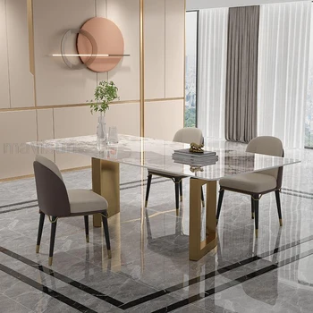 Italyan Modern Oda Yemek Masaları High-end Tasarımcı Yaratıcı Dikdörtgen Altın Paslanmaz Çelik Taban Mermer Masa Mobilyaları
