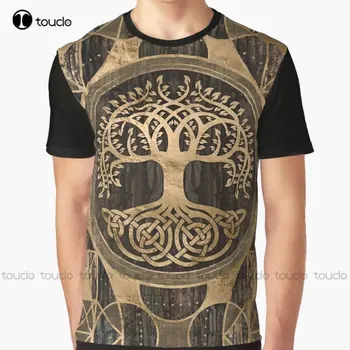 Hayat ağacı-Yggdrasil - Ağaç Kabuğu Ve Altın Grafik T-Shirt Tee Gömlek Dijital Baskı Tee Gömlek noel hediyesi Yeni Popüler