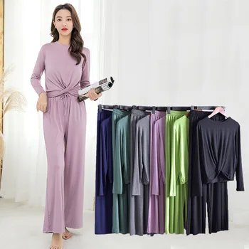 2 ADET Set Sonbahar Gevşek Uzun Kollu Ev Giysileri Kadın Giyim Pantolon Gecelik Rahat kadın Pijama Yumuşak Ev