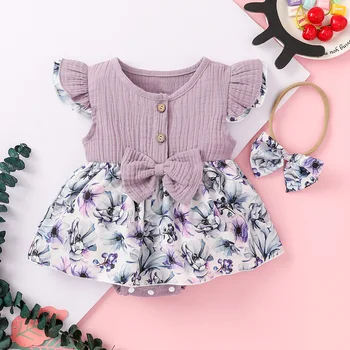 Yenidoğan Bebek Kız Yaz Güzel Romper Elbise 2 Adet Setleri Örme Sinek Kollu İlmek Romper + Kafa Bandı Bebek pamuklu giysiler