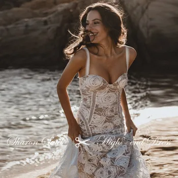 Bohemian Dantel Mermaid düğün elbisesi 2021 Seksi Spagetti Sapanlar Plaj Boho gelin elbiseleri Sevgiliye Gelinlikler Sharon Dedi