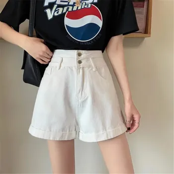 Geniş Bacak Kot şort Kadın Düğmeli Yüksek Bel Harajuku Bf Gevşek Kore Tarzı Öğrenciler Eğlence Streetwear Yaz Sıcak Pantolon