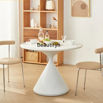 Yemek masası ev ışık lüks Modern basit yuvarlak masa Fransız krem tarzı küçük daire yuvarlak kaya tabak masa