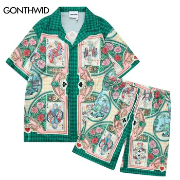 2023 Plaj Kıyafeti Elbise Erkekler havai gömleği Seti Vintage Poker Grafik Baskı 2 Parça Kıyafet Yaz Kısa Kollu Gömlek Şort Takım Elbise