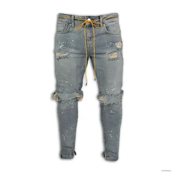 Erkek Kot Streç Yırtık Boya noktası Tasarım Moda Ayak Bileği Fermuar Skinny Jeans Erkekler İçin