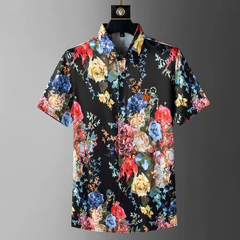 Çiçek Plaj Tatil Yakışıklı Gömlek Yaz Kısa Kollu Casual Slim Fit Gömlek Erkekler Sosyal Parti Streetwear Erkek Giyim M-5xl