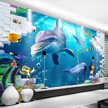 Özel Mavi Sualtı Dünyası Yunus Köpekbalığı Balık Mercan 3D Fotoğraf Duvar Kağıdı Çocuk Odası Yatak Odası Oturma Odası TV Arka Plan Dekor
