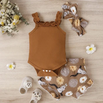 2023 Yenidoğan Bebek Bebek Kız Giysileri Setleri Yaz Örgü Tulum Çiçek İnek Baskı Şort Kafa Bandı Kıyafetler