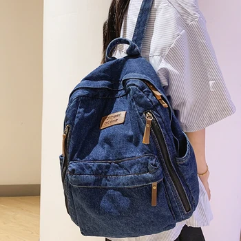 Büyük kapasiteli erkek Ve kadın Sırt Çantası Yumuşak Denim Öğrenci Schoolbag Eğlence seyahat sırt çantası Düz Renk kadın alışveriş çantası