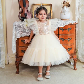 2023 Bebek Kız Pullu Prenses Elbise Toddler Doğum Günü Düğün Parti Elbiseler Bebek Tül Tutu Vaftiz Kostüm Çocuk Giysileri