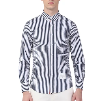 2023 TB THOM Moda Marka Gömlek Erkekler İnce Pamuk Çizgili Uzun Kollu Casual Gömlek Turn Down Yaka Oxford erkek Giyim