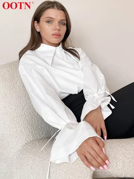 OOTN Ofis Bayan Beyaz Kadın Bluz Zarif Turn-Aşağı Yaka Uzun Kollu Dantel Up Gömlek Kadın Gevşek 2023 Bahar Rahat Kore