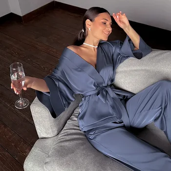 Avrupa Amerikan Saten Renkli Hırka Kravat Pijama ve Pijama Düz Renk Ev Takım Elbise Gevşek Uydurma kadın Pijama