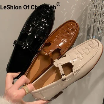 LeShıon Of Chanmeb Hakiki Inek Deri Kadın Flats T-kayışı Örgü Örgü Toka Kayış düz ayakkabı Kadın Vintage Espadrille Ayakkabı