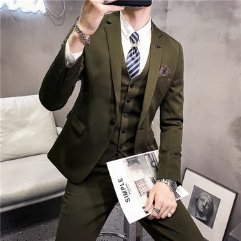 (Ceket + Pantolon + Yelek) erkek iş elbisesi Resmi Smokin Sosyal Takım Elbise Erkek Slim Fit Yeşil Retro Düz Renk 3 Adet Takım Elbise Erkek